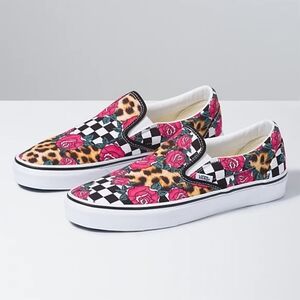 Vans Rose Animal Checkerboard Slip Ons